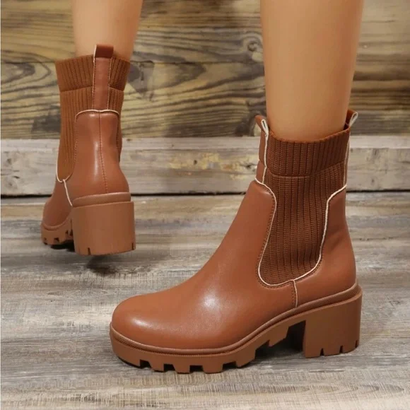 Camel Brown Tan Motto Style Chunky Heel Combat Sock Free People Chelsea Boots - Picture 2 of 7